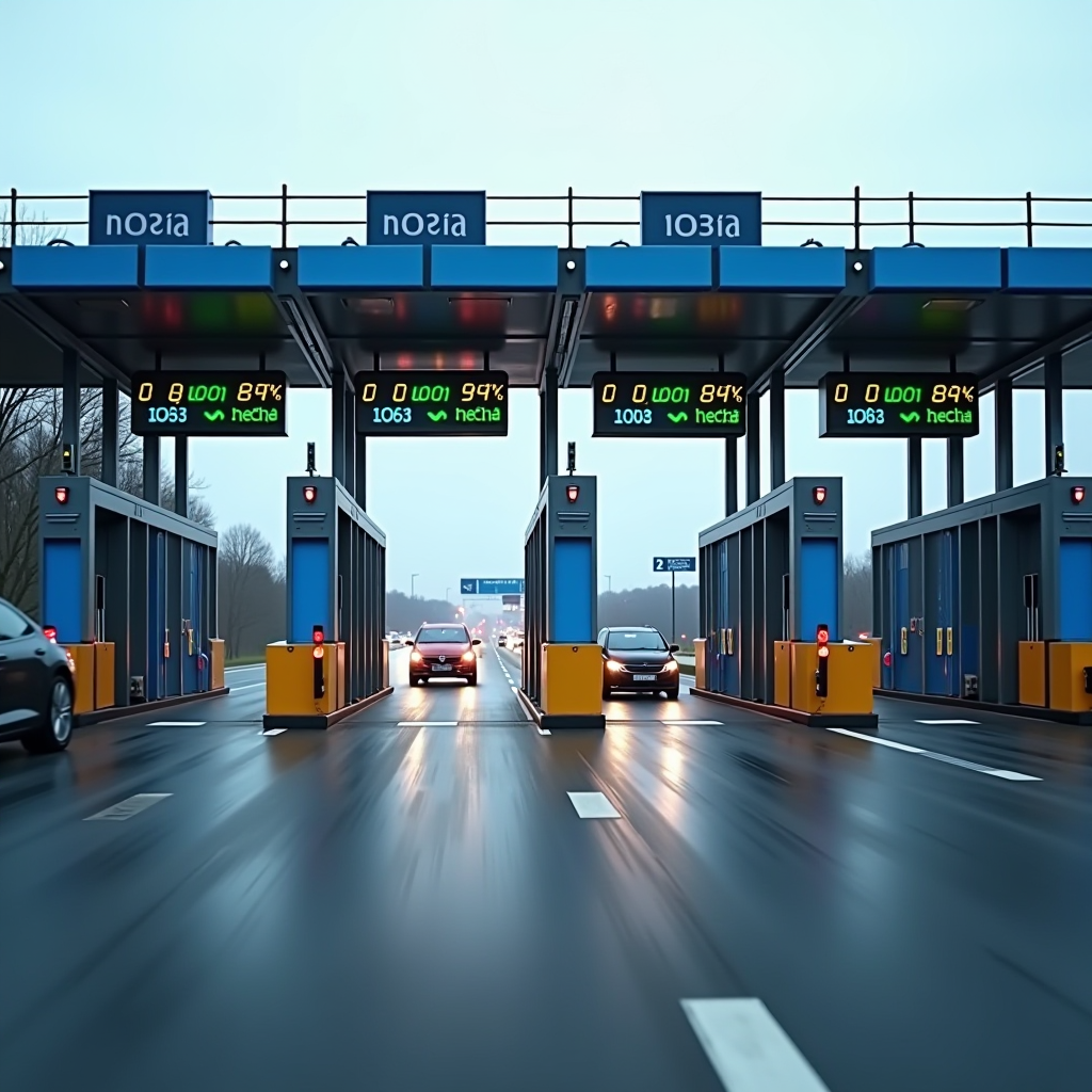 Moderný elektronický mýtny systém na slovenskej dálnici s vozidlami prechádzajúcimi cez automatické brány, digitálne displeje zobrazujúce informácie o mýte a moderná infraštruktúra s modrým a zeleným farebným prevedením