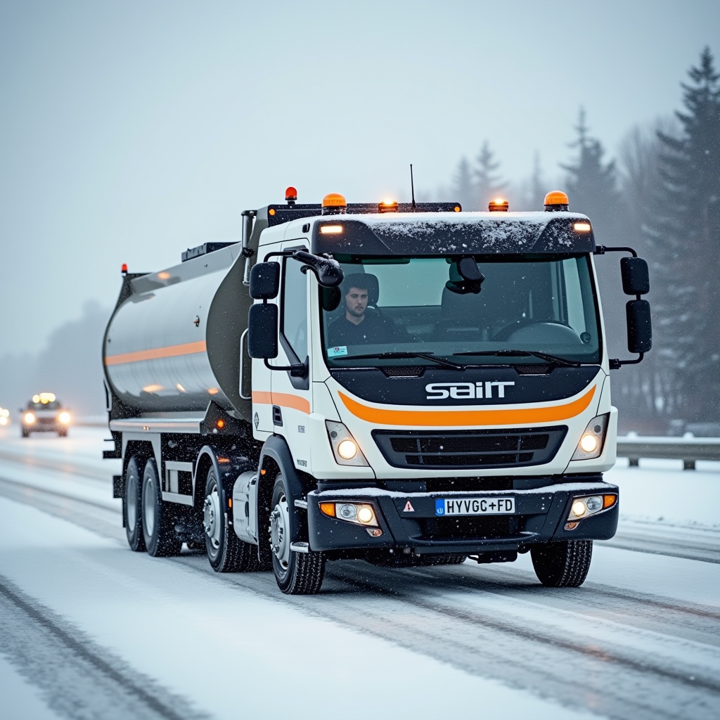 Moderné vozidlo zimnej údržby ciest s GPS systémom a automatickým dávkovačom soli pracujúce na diaľnici počas sneženia, s operátorom monitorujúcim systém v kabíne