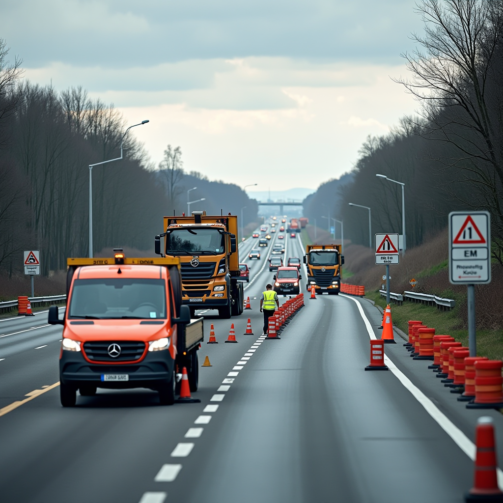 Stavebné práce na diaľnici D1 s ťažkou technikou, pracovníkmi v bezpečnostných odevoch, dopravnými kužeľmi a dopravnými značkami označujúcimi prebiehajúcu modernizáciu medzi Bratislavou a Košicami