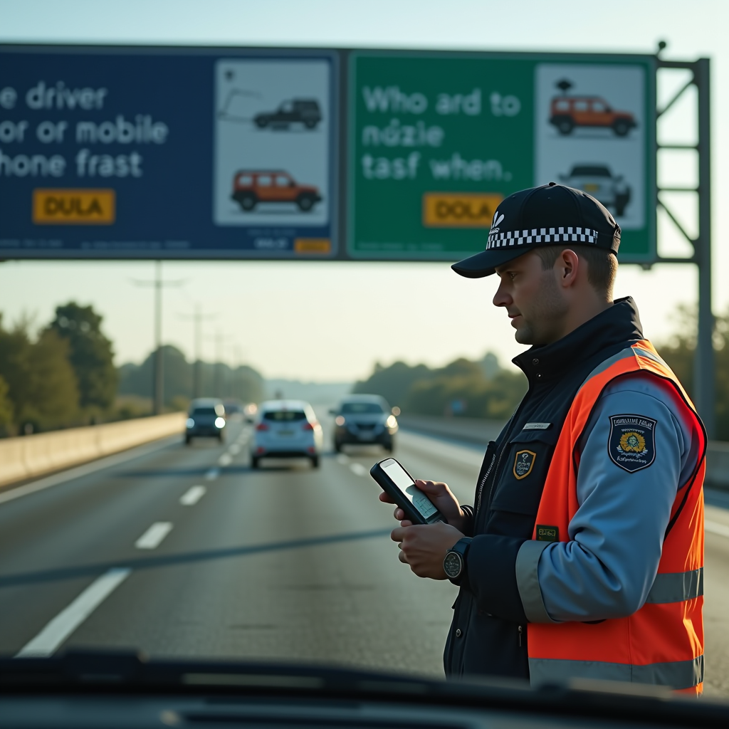 Dopravný policajt v reflexnej veste kontroluje vodičov na diaľnici, v pozadí moderné radarové zariadenia a veľké informačné tabule o bezpečnosti cestnej premávky a nebezpečenstve používania mobilných telefónov počas jazdy