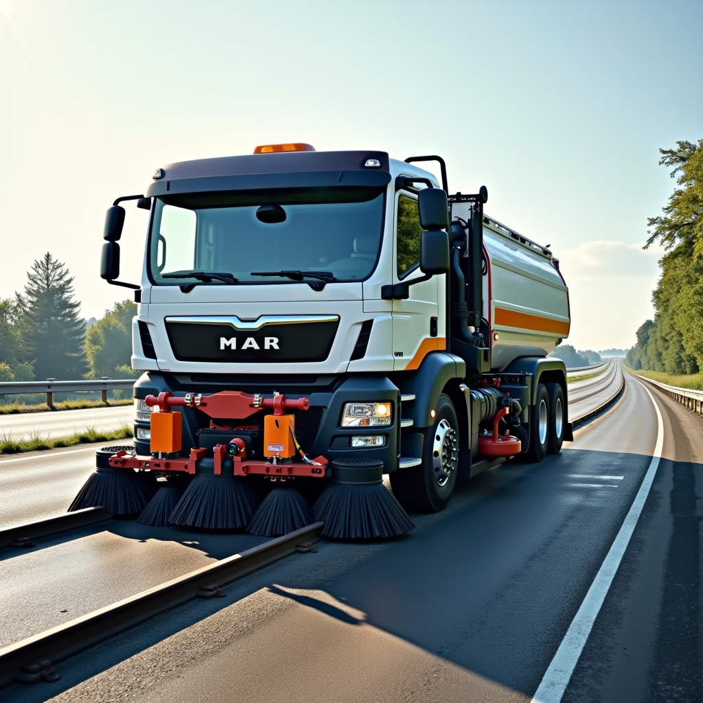 Špecializované zametacie vozidlo s vysokotlakovým čistiacim zariadením vykonávajúce letnú údržbu dialničného úseku, moderné technológie pre čistenie ciest a údržbu krajníc