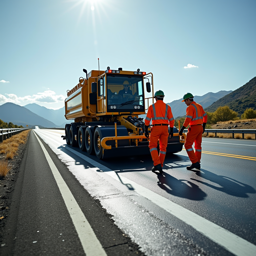 Profesionálne zariadenie na aplikáciu termoplastického značenia na diaľničnej vozovke s pracovníkmi v bezpečnostných odevoch