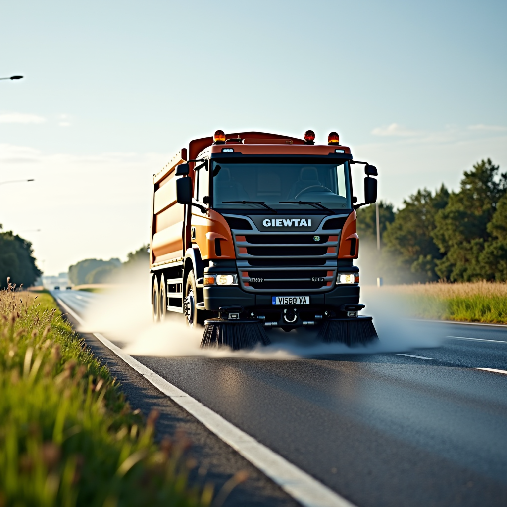 Profesionálne zametacie vozidlo čistí asfaltovú cestu, vysokotlakové čistenie povrchu, údržba krajníc a kosenie zelene pozdĺž diaľnice v letnom období