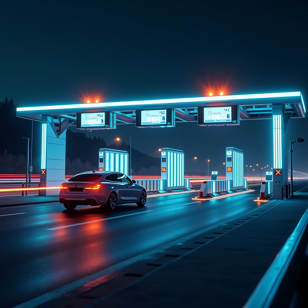 Modern electronic toll collection system with digital displays showing vehicle passing through automated toll gate on Slovak highway, futuristic technology interface with blue and orange accent lights