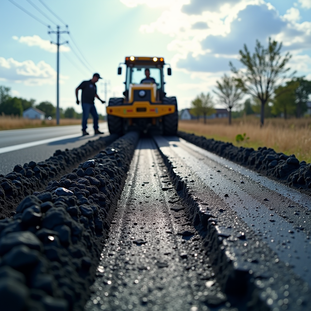 Pracovníci pokládajúci nový asfalt na cestu, frézovanie starého povrchu, oprava výtlkov a trhlín, rekonštrukcia vozovky s modernou technikou a strojmi