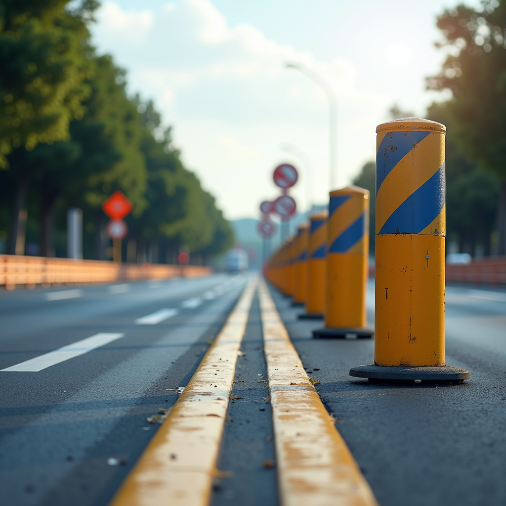 Inštalácia dopravných značiek na ceste, zvislé a vodorovné značenie, termoplastické čiary na vozovke, bezpečnostné zábradlia a reflexné prvky pre bezpečnosť premávky