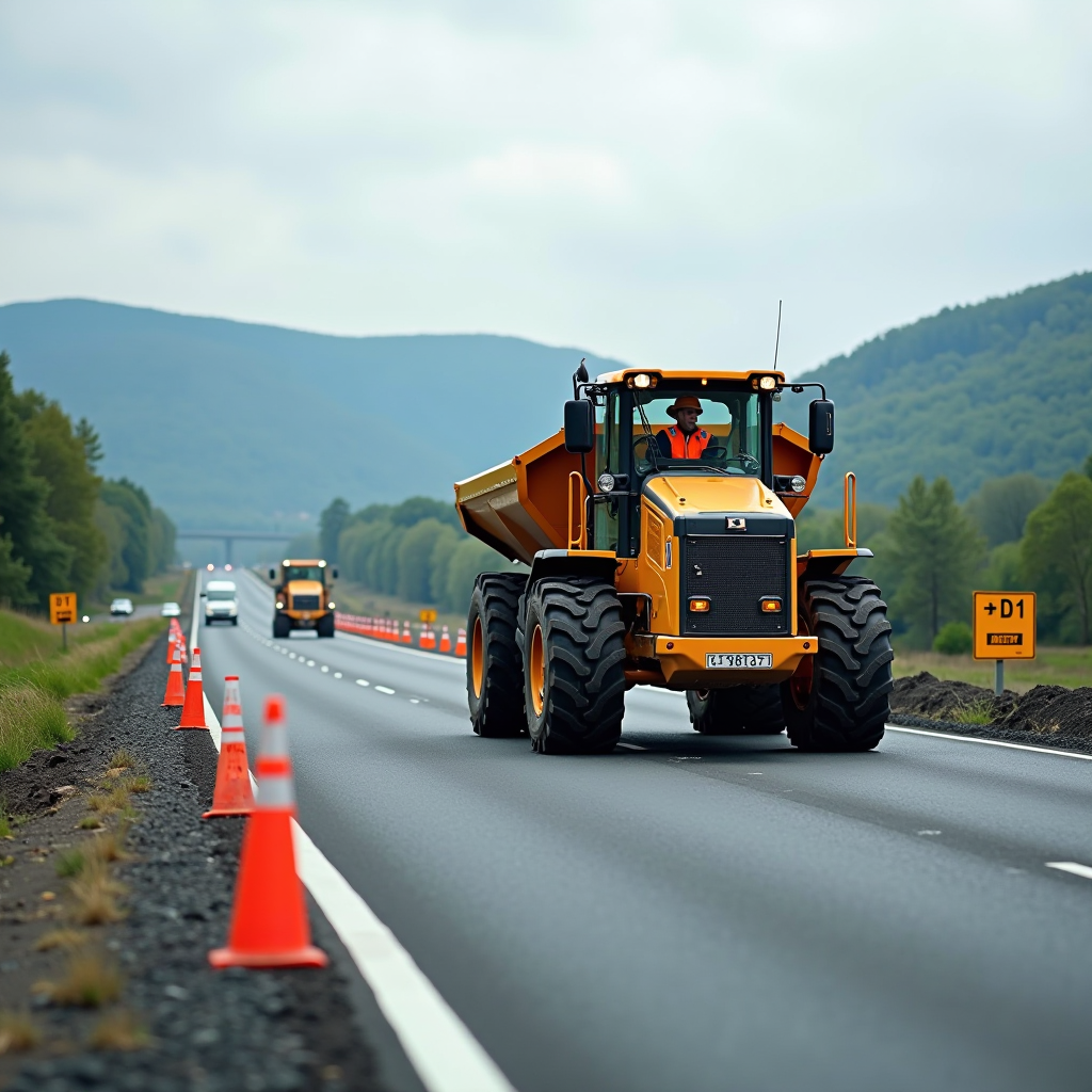 Construction site on D1 highway with heavy machinery, workers in hard hats, orange traffic cones, modern road building equipment, Slovak countryside with green hills in background