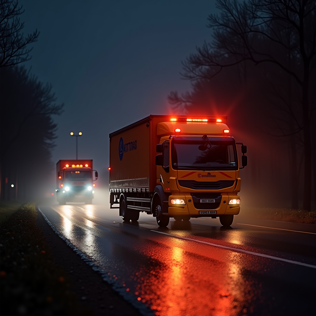 Havarijné vozidlo s výstražnými svetlami odstraňujúce prekážky z cesty v noci, rýchly zásah pri dopravnej nehode, pohotovostná služba 24/7 s modernou technikou